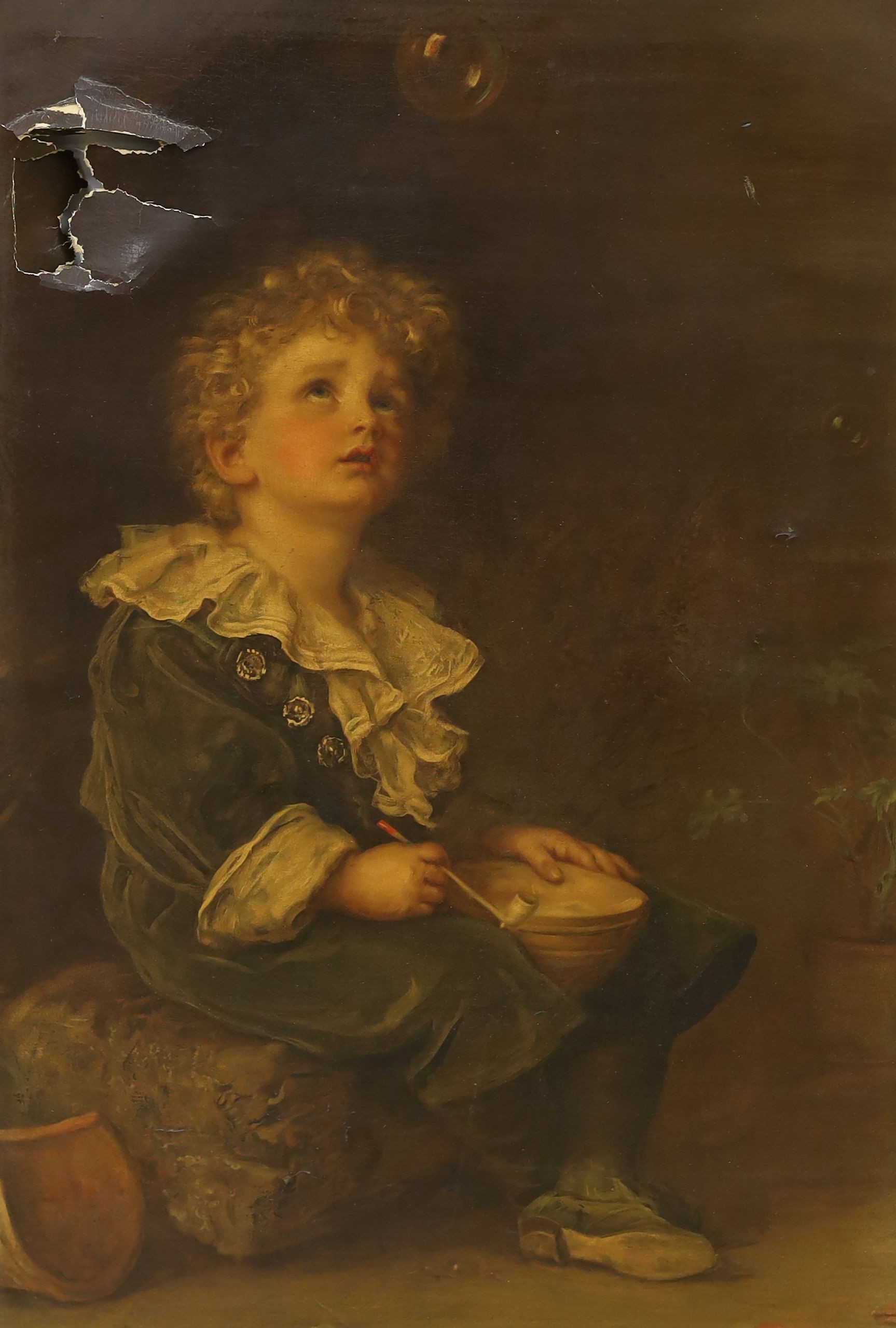 Two chrystoleums, Mother and child beside a pond and Figures waving goodbye, 26 x 16cm and a Pears print of Bubbles, 70 x 47cm